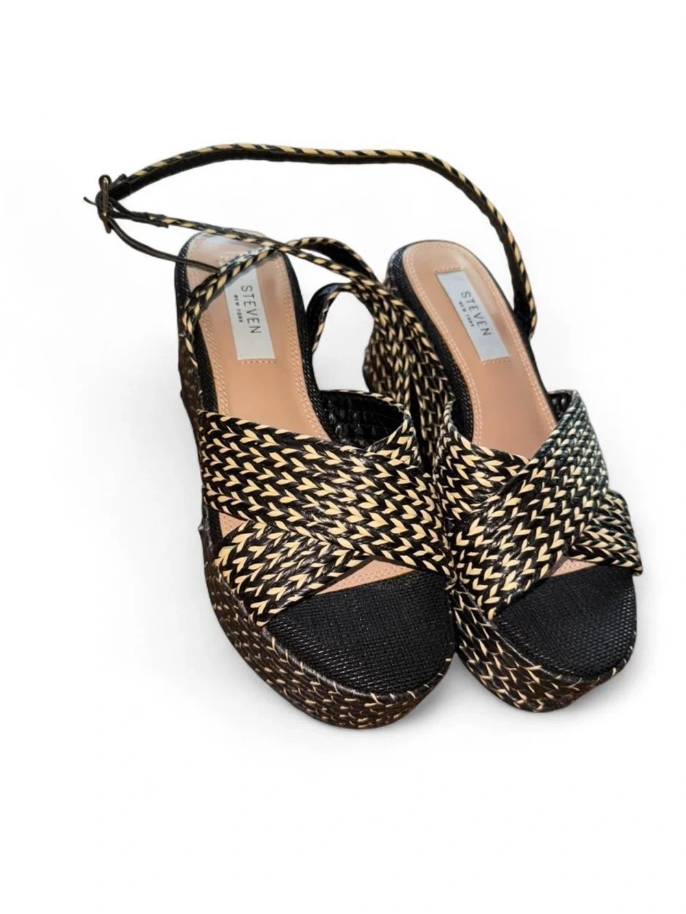 Steven New York Black & Beige Woven Platform Wedge Sandals